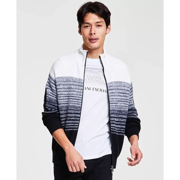 A|X Armani Exchange Men's Ombré Stripe Full-Zip Cardigan Sweater Black & White L - Picture 1 of 8